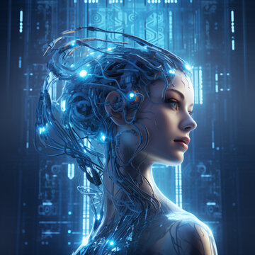 Retrato androide femenino entorno azul tecnol&oacute;gico 