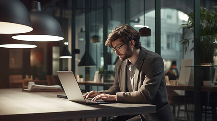 Fototapeta na wymiar a man working on a laptop in a modern office