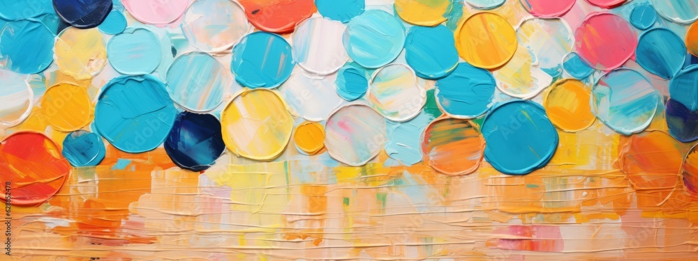 Aufkleber Closeup of abstract rough colorful multicolored geometric circular circles points art painting texture 3d pattern wallpaper, with oil brushstroke, pallet knife paint on canvas (Generative Ai)