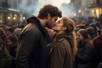 A couple kissing in the crowd on the street. It is winter. The couple is wearing winter clothes.