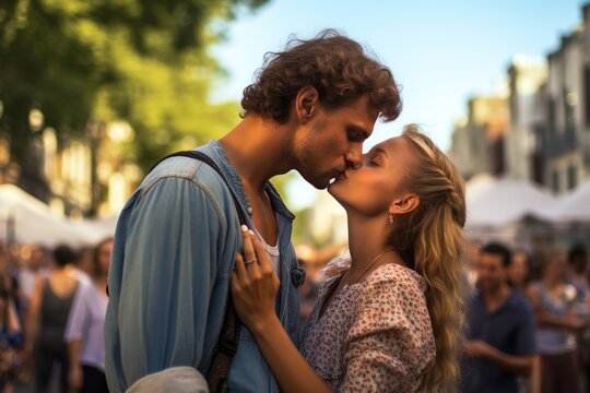 A couple kissing in the crowd on the street. It is summer. The couple is wearing summer clothes.