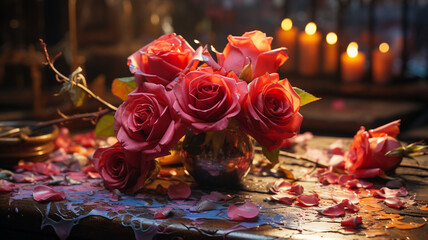 two red hearts on wooden background.generative ai