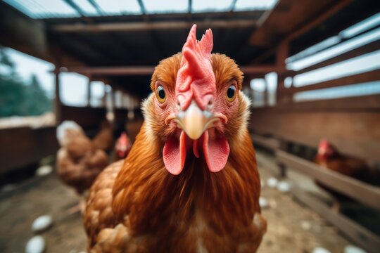 a chicken is standing in a barn looking at the camera, created by Generative AI