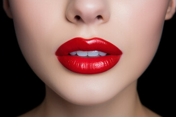 Close up of woman's lips with bright red lipstick