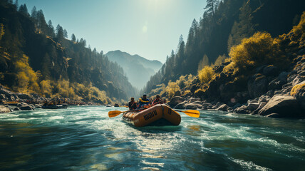 group of friends kayaking on mountain river in sunny day.generative ai