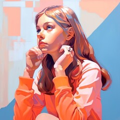 White girl in thinking and doubts illustration. Young woman character with dreamy face on abstract background. Ai generated bright drawn colorful poster.