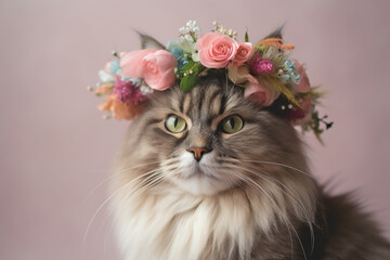 Cat with flower crown on head on pastel background