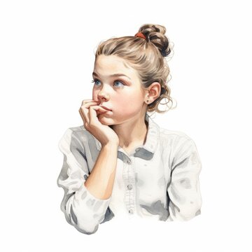 White girl in thinking and doubts watercolor illustration. Young woman character with dreamy face on abstract background. Ai generated bright drawn colorful poster.