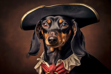 Dachshund dog wearing pirate hat Halloween costume.