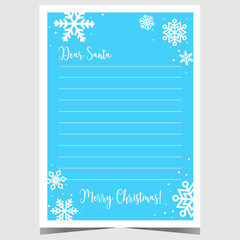 Christmas letter template for children to complete and send it to Santa Claus during winter holidays. Empty layout for December postcard, Christmas wish list or letter to Santa Claus. Ready to print.