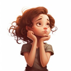 White girl in thinking and doubts cartoon illustration. Cute kid character with dreamy face on abstract background. Ai generated bright drawn colorful poster.