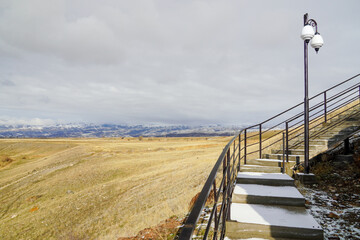 Tian Shan mountains with field and stairs. High quality photo