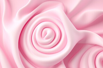 A very pretty background of pink delicate fabric, twisted in the shape of a rose. Soft pink and white colors. Background of silk fabric.