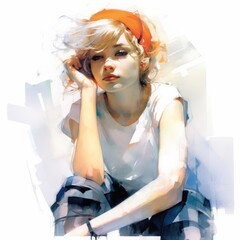 White girl in thinking and doubts watercolor illustration. Young woman character with dreamy face on abstract background. Ai generated bright drawn colorful poster.