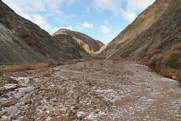 Konorchek Canyons Kyrgystan. Winter. Aerial drone view. Flying over. High quality photo