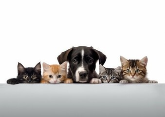 group of cats and one dog on white background.