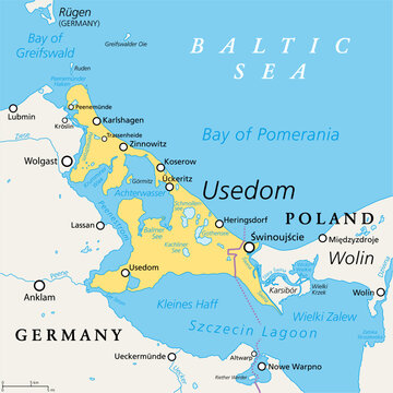 Usedom, Baltic Sea island in Pomerania, political map. Nicknamed Sun Island, the sunniest and most populous Island of the Baltic Sea, divided between Germany and Poland. A popular tourist destination.