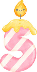 cute pink birthday candle doodle number 5, five with smile light cartoon children watercolor illustration