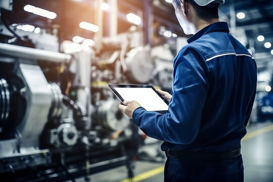 Industry 4.0: An engineer monitoring a gas turbine machine in an intelligent factory with digital manufacturing operations and generative AI. Generative AI.