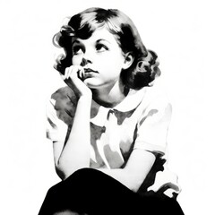 Little white girl in thinking and doubts vintage illustration. Young woman character with dreamy face on abstract background. Ai generated black and white retro poster.