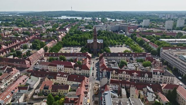 Aerial Drone shot of Catholic Parish Church of St. Peter and Paul ( Katholische Pfarrkirche St. Peter und Paul ) in Potsdam , Germany