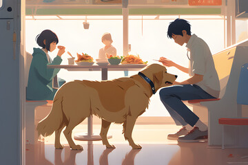 A dog that eats with people. Generative AI