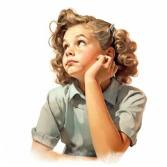 Little white girl in thinking and doubts vintage illustration. Young woman character with dreamy face on abstract background. Ai generated bright retro poster.
