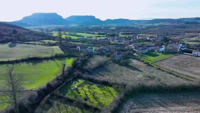 Landscape in Humada. Aerial view from a drone of the surroundings of the town. World geological heritage UNESCO. Las Loras Geopark. P&aacute;ramos region. Burgos. Castile and Leon. Spain. Europe