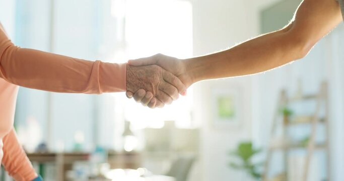 People, handshake and elderly care in thank you for meeting, gratitude or healthy physiotherapy. Man and senior female person shaking hands for welcome, introduction or therapy in support or trust
