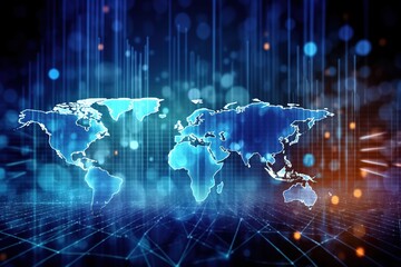 Economy background with abstract stock market graph, tickers, financial data and blue world map. Wallpaper for global economy and financial news.