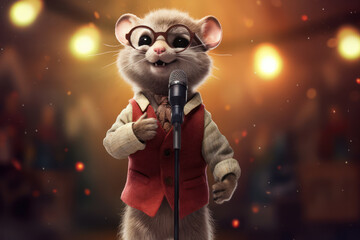 Cute hamster in suit sings into a microphone on stage