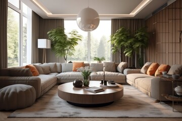 Luxurious living room with wall textures and paintings, carpets and nature inspiring details. Modern, fabulous and sleek living room design