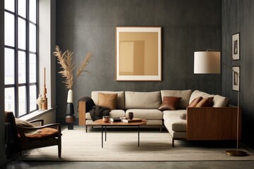 Luxurious living room with wall textures and paintings, carpets and nature inspiring details. Modern, fabulous and sleek living room design - obrazy, fototapety, plakaty