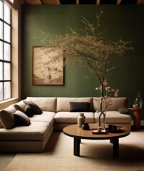Luxurious living room with wall textures and paintings, carpets and nature inspiring details. Modern, fabulous and sleek living room design