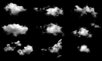 Set of white clouds isolated on black background. Collection of realistic clouds