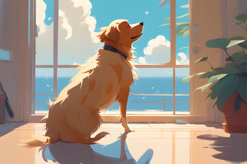 A dog enjoying the breeze from a fan. Generative AI