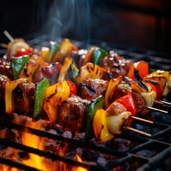  Grilled shish kebab on barbecue grill with flames on background