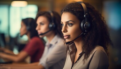 Call center operator woman with headset working at customer support office.