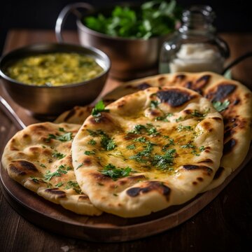 Indian flatbread with parsley and mozzarella cheese, selective focus