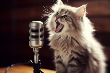 Grey cat sings into retro microphone on stage