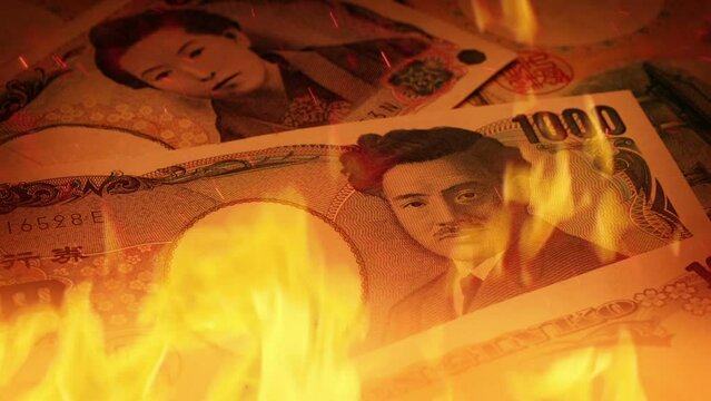 Japanese Yen Banknotes In Flames, Economy Concept
