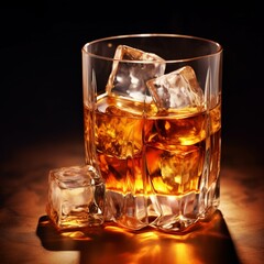 Whiskey on the rocks with ice cubes on a dark background