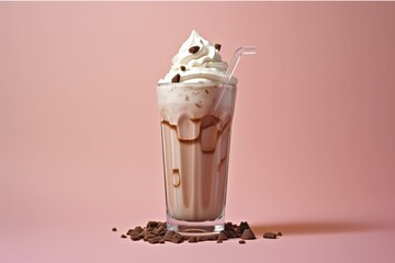  Iced caramel coffee with whipped cream and coffee beans on black background