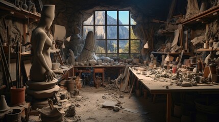 Dramatic view of a sculptor's studio with a work-in-progress clay model. Generative AI