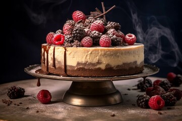  Cheesecake with fresh berries on wooden background. Selective focus