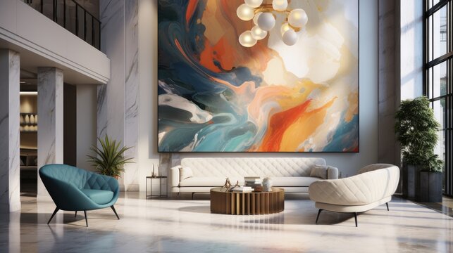 An upscale design agency lobby with modern furniture and abstract art. Generative AI