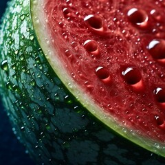 Watermelon with splashes and drops of water on a dark background