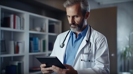 Portrait of mature male doctor with digital tablet and stethoscope working in hospital office.