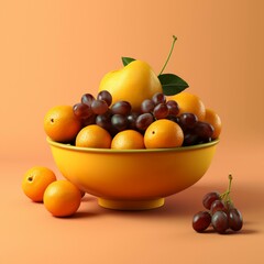 Naklejka na ściany i meble Ceramic bowl with fruits on yellow background. Healthy food concept