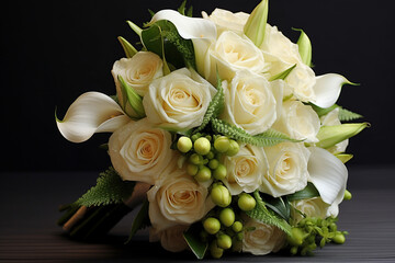 Beautiful bridal bouqet with white roses and calla lilies for wedding. generative ai